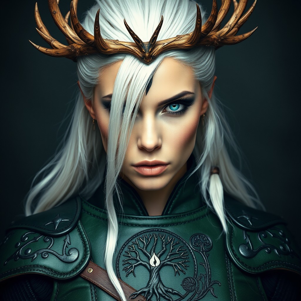 A fierce and enchanting woman with striking white hair featuring a singular bold black streak