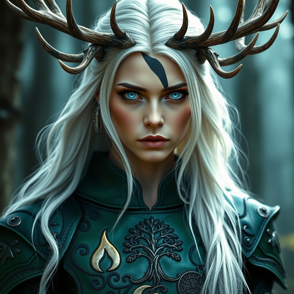 A striking woman with long white hair that features a singular black streak running through it, her piercing azure blue eyes have glowing black flickers within them