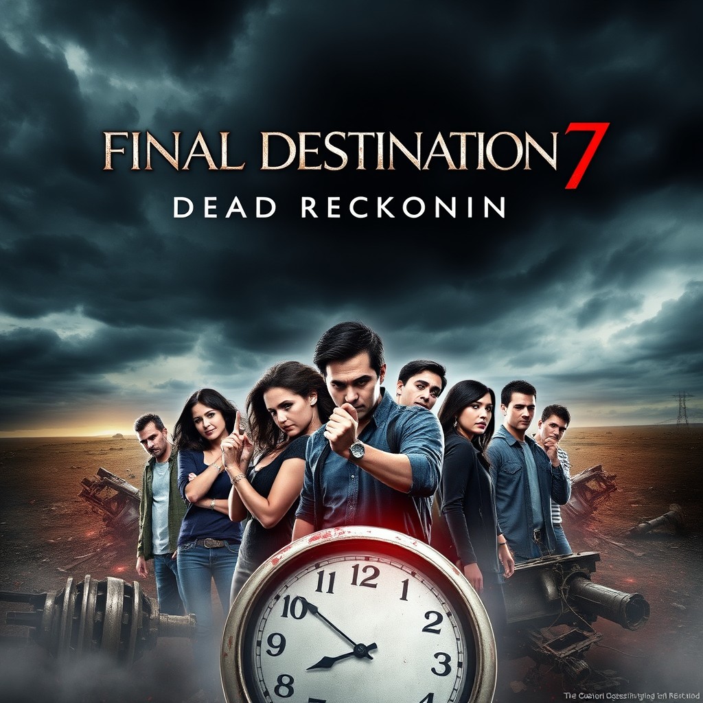 A striking poster for 'Final Destination 7: Dead Reckoning', featuring a haunting and atmospheric background with dark, ominous clouds and a foreboding landscape