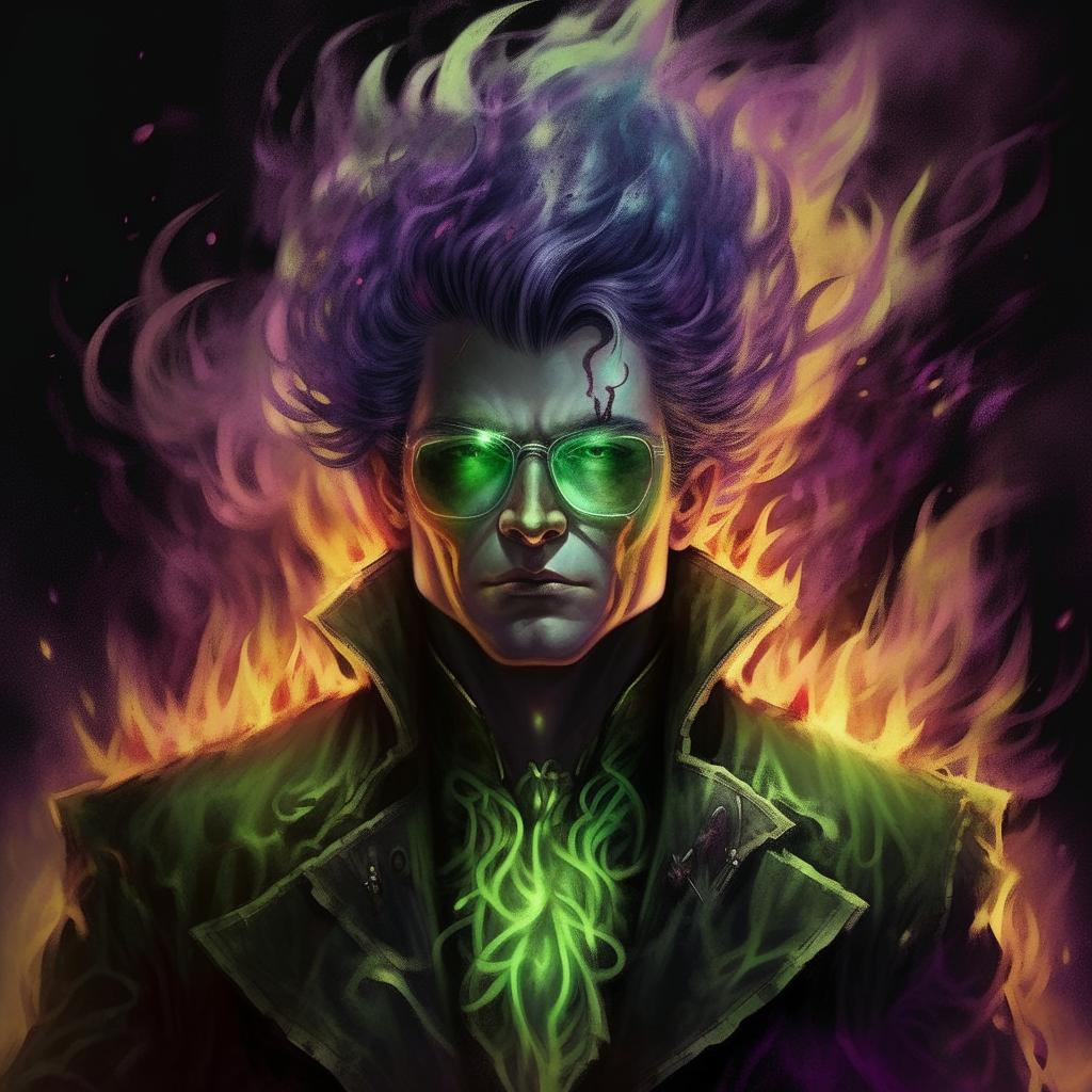 An evil genius, his aura seething with an immeasurable, eternal burning rage, igniting the air around him. The innovative color scheme of haunting greens, chilling blues, and ominous purples gently flares up to match his intensity, amplifying his malevolence.