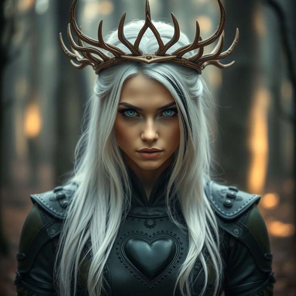 A striking woman with long white hair featuring a singular black streak, captivating azure eyes that shimmer with black specks radiating a soft glow