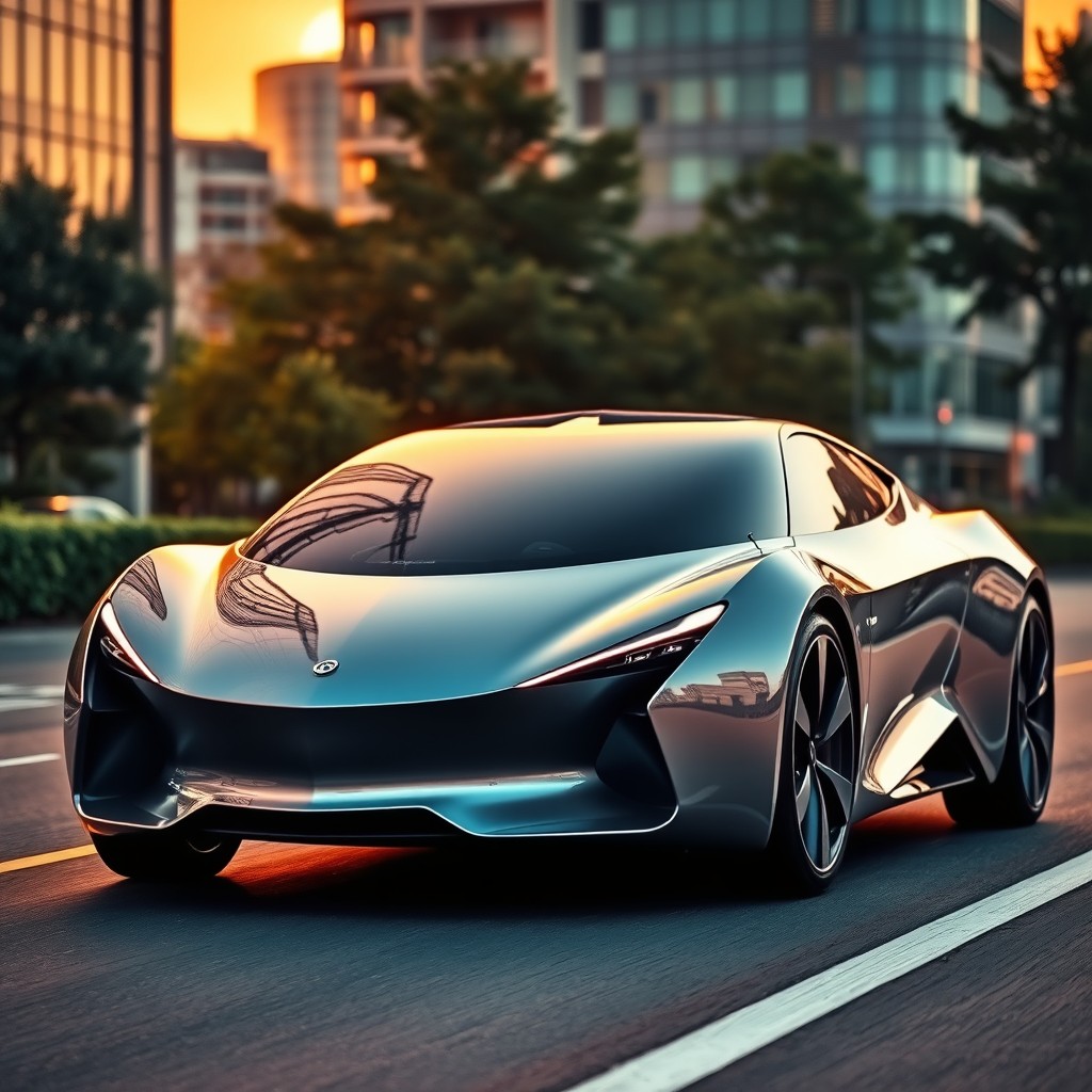 A sleek, modern car featuring a unique design with a sharply slopped windshield