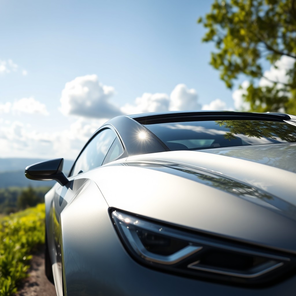 A stylish car with a distinctive negative sloped windshield, showcasing sleek lines and an aerodynamic design