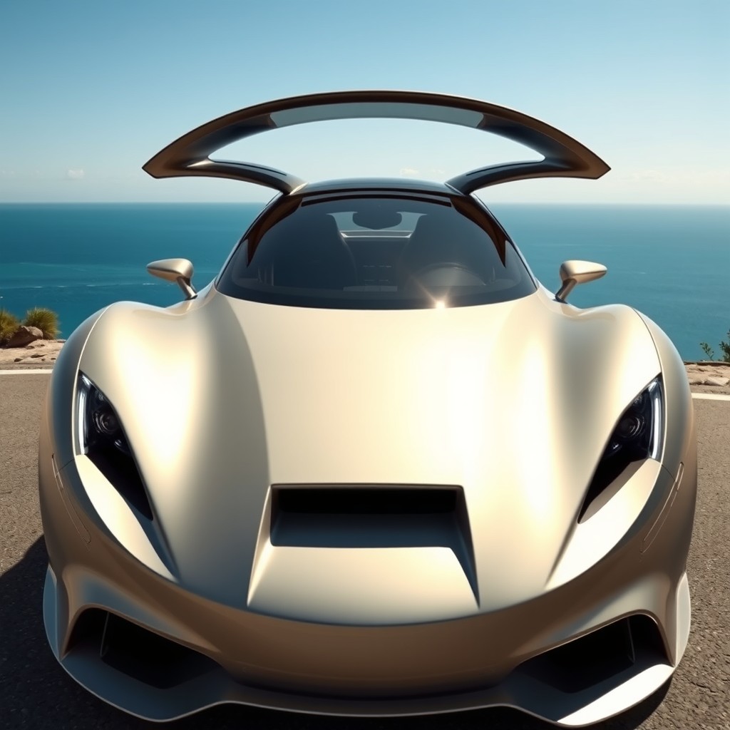 A sleek, futuristic car with an aggressively styled body and a distinctively sloped windshield, showcasing its aerodynamic design