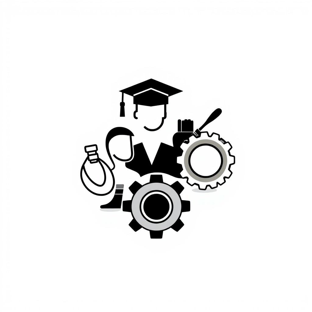 A small black and white logo that represents students from various fields of higher education engaging in practical applications