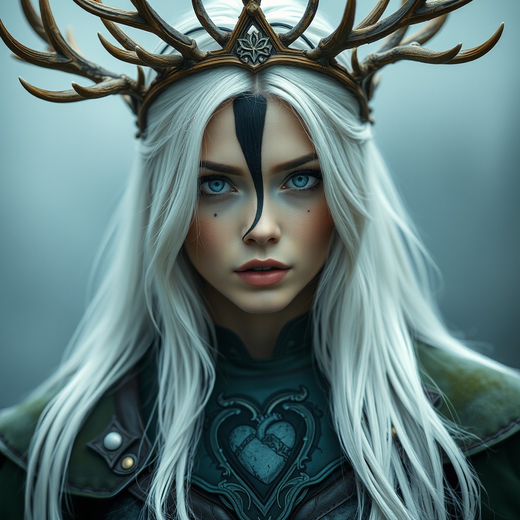 A striking woman with long white hair featuring a singular black streak
