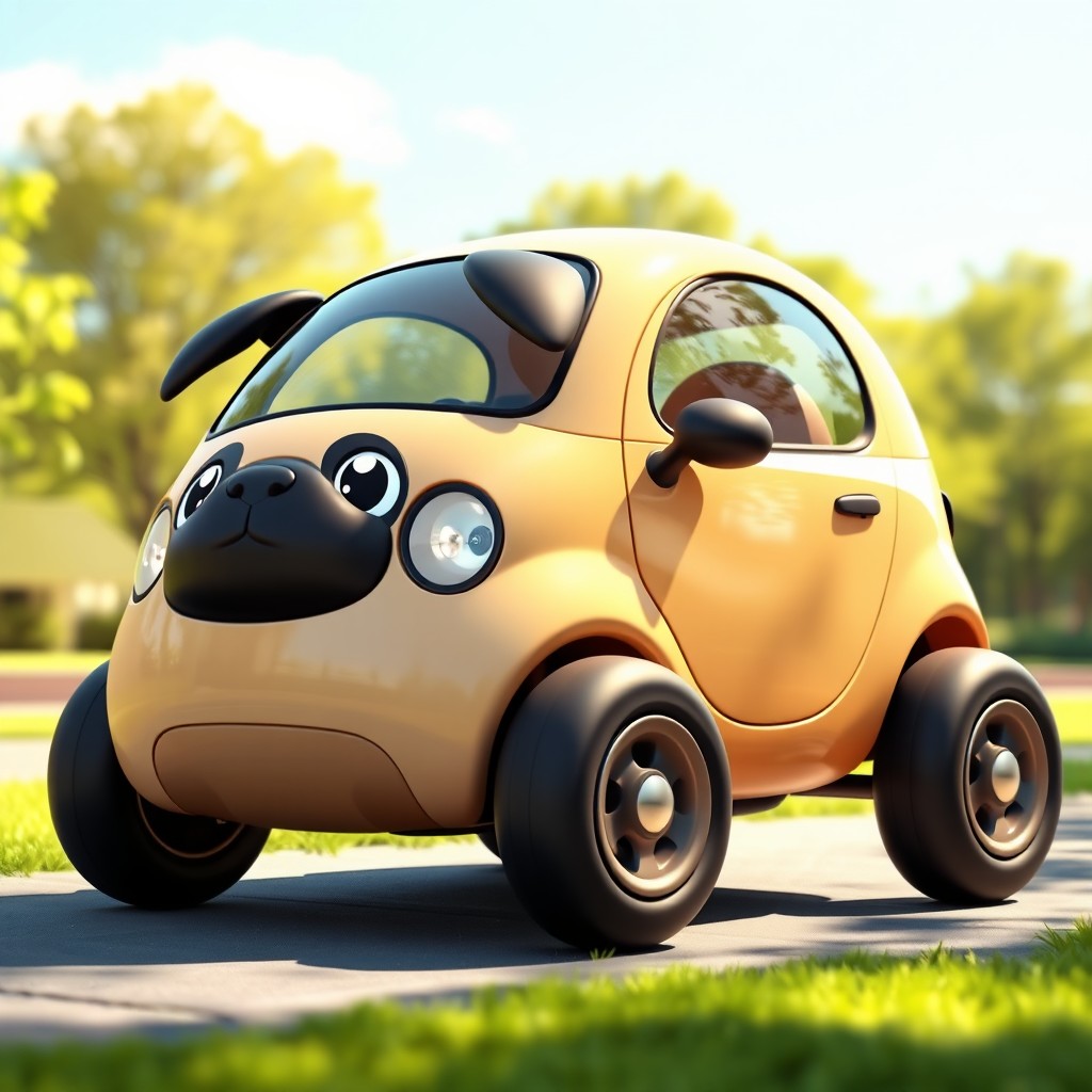 A whimsical and fun concept design of a car that is inspired by a pug (mopс)