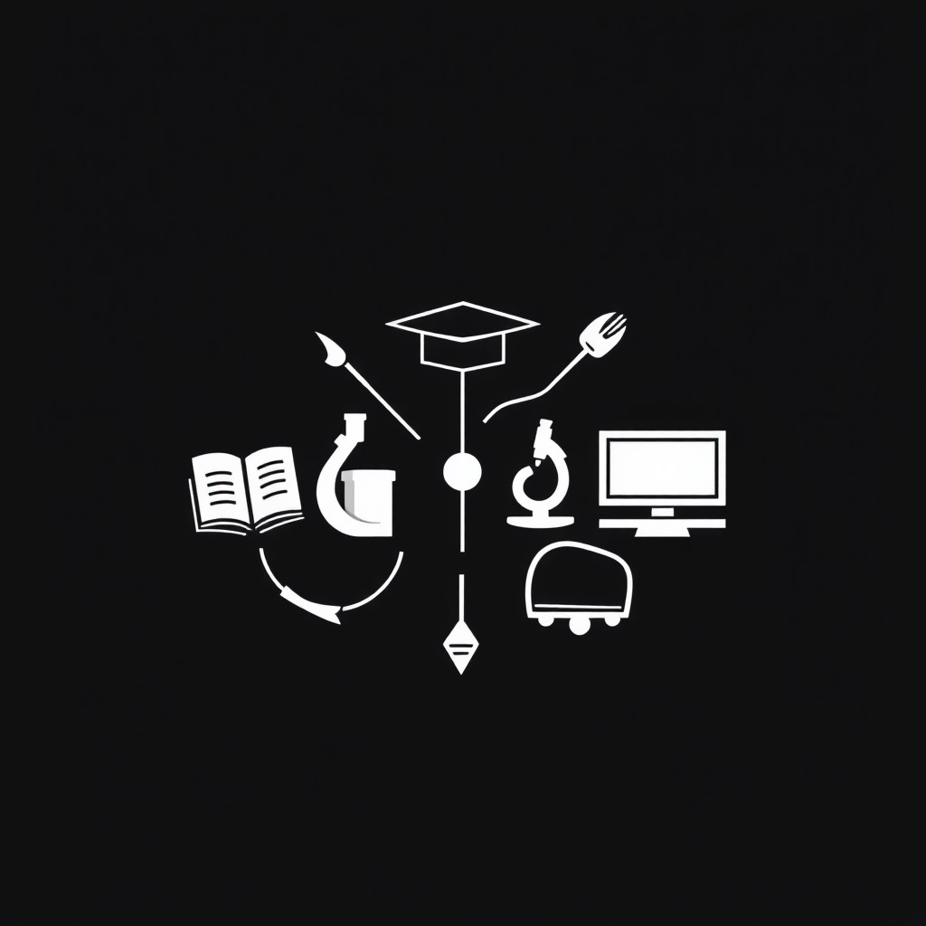 A small black and white logo that encapsulates the process of practical applications by students from various higher education fields