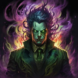 An evil genius, his aura seething with an immeasurable, eternal burning rage, igniting the air around him. The innovative color scheme of haunting greens, chilling blues, and ominous purples gently flares up to match his intensity, amplifying his malevolence.