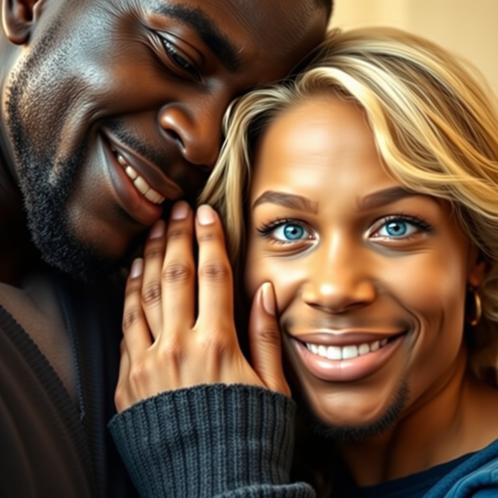 A striking portrait of a young and beautiful blonde woman with bright blue eyes and soft, wavy hair, gently placing her face in the large hand of a black African man, whose strong features and warm smile convey affection