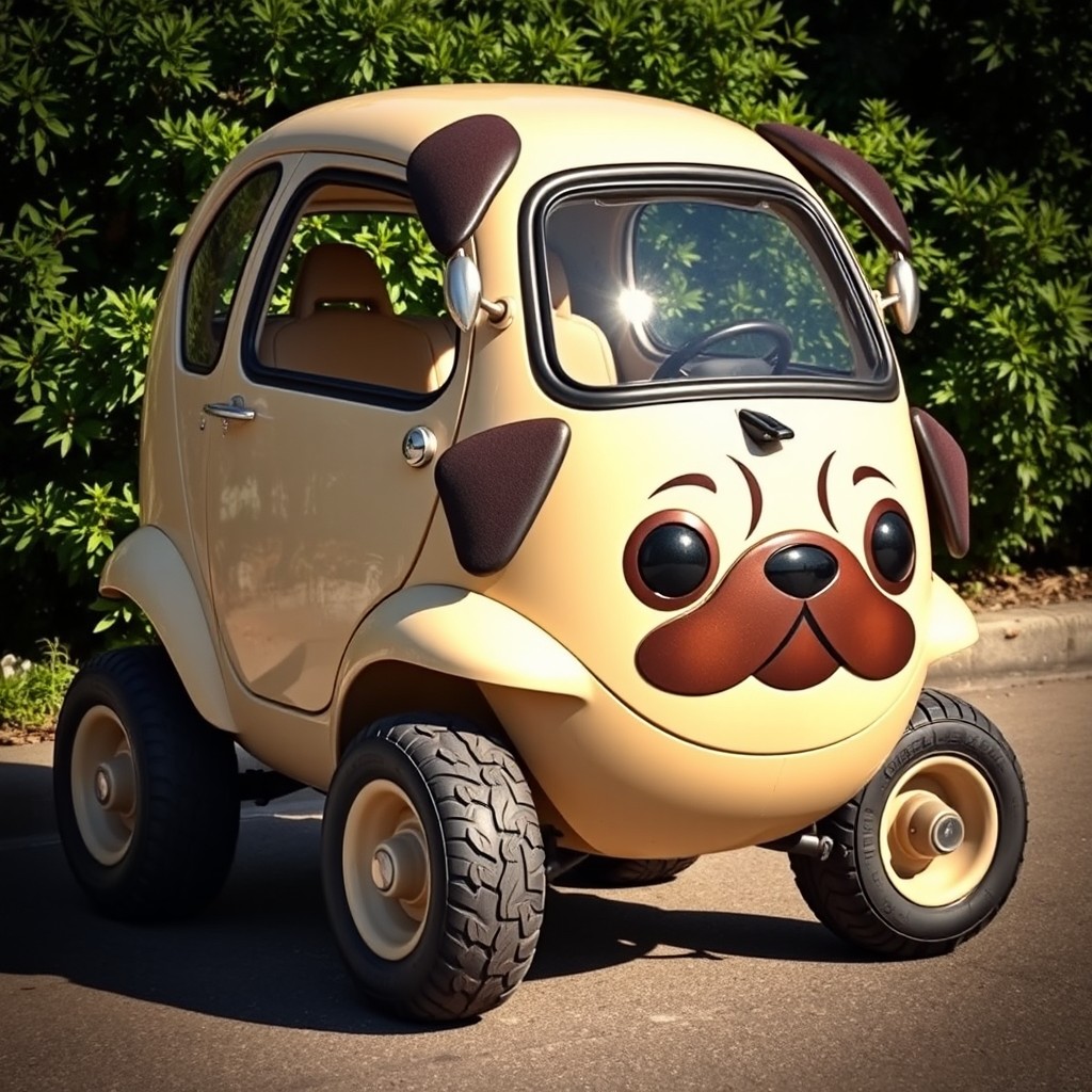 A whimsical car featuring a pug-inspired design, showcasing a straight windshield and an adorable pug color palette