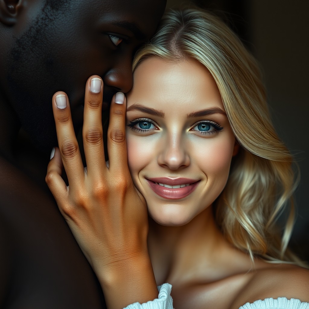A young, beautiful blonde woman with alluring features, gently smiling, as she is depicted with a large, strong hand belonging to a tall black African man resting softly on her face