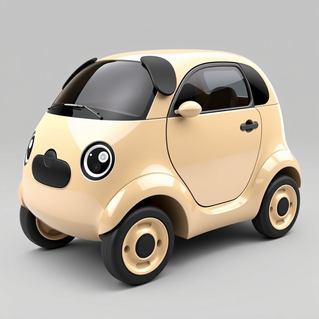 A car designed in the shape of a pug, featuring a flat windshield, six wheels, and a sliding door