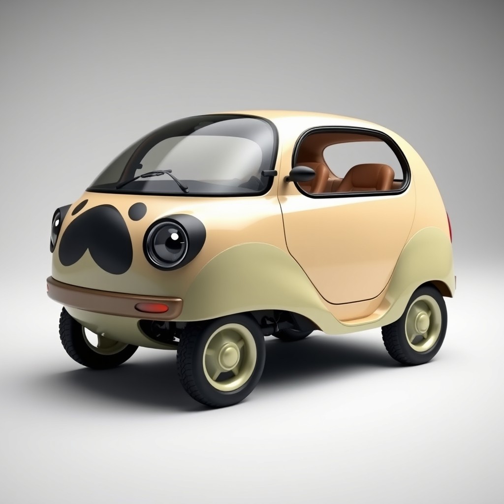 A unique car featuring a flat windshield, designed with a color palette inspired by a pug