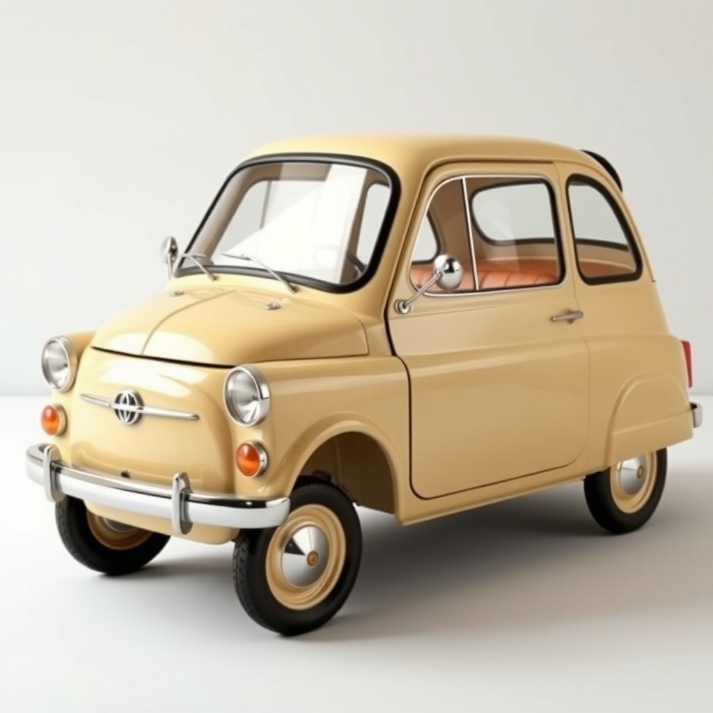 A vintage car featuring a unique design with a sharp, straight windshield