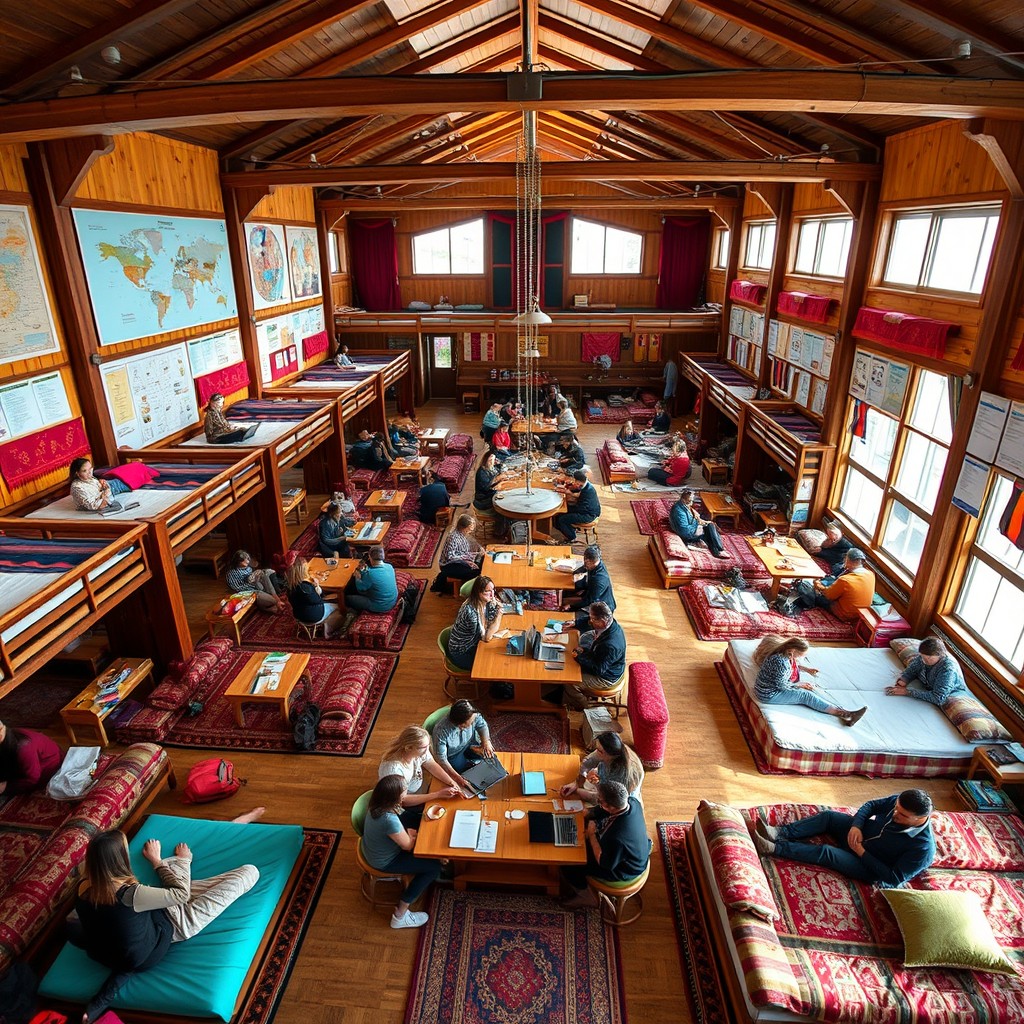 A bustling Mongolian hostel network featuring an expansive common area with 300 beds arranged in a cozy and welcoming manner
