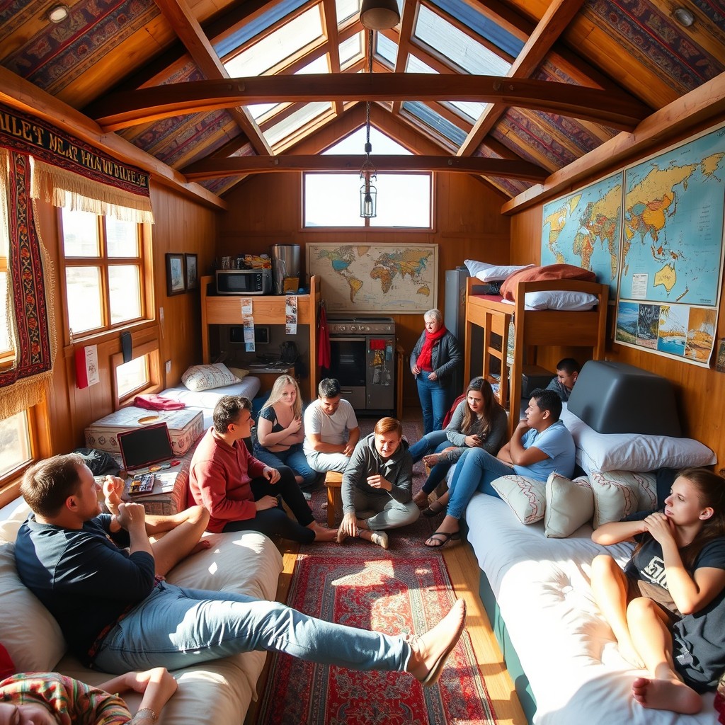 A lively hostel scene set in Mongolia with 300 beds, capturing the camaraderie and vibrant atmosphere among travelers