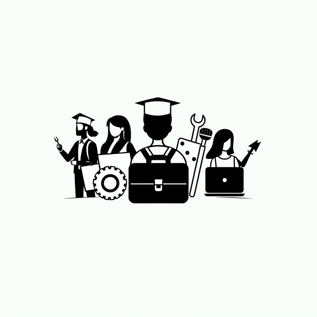 A small black and white logo that visually represents university students from various fields engaged in their practical training sessions at different workplaces