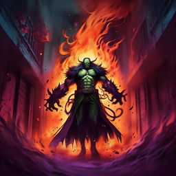 The evil genius, overwhelmed with an uncontainable, insatiable fury that blazes around him like a wild inferno. The ambiance of his lair, tinged with ghostly greens, chilling blues, and oppressive purples, cranks up in intensity, echoing his extreme rage and matchless evil.