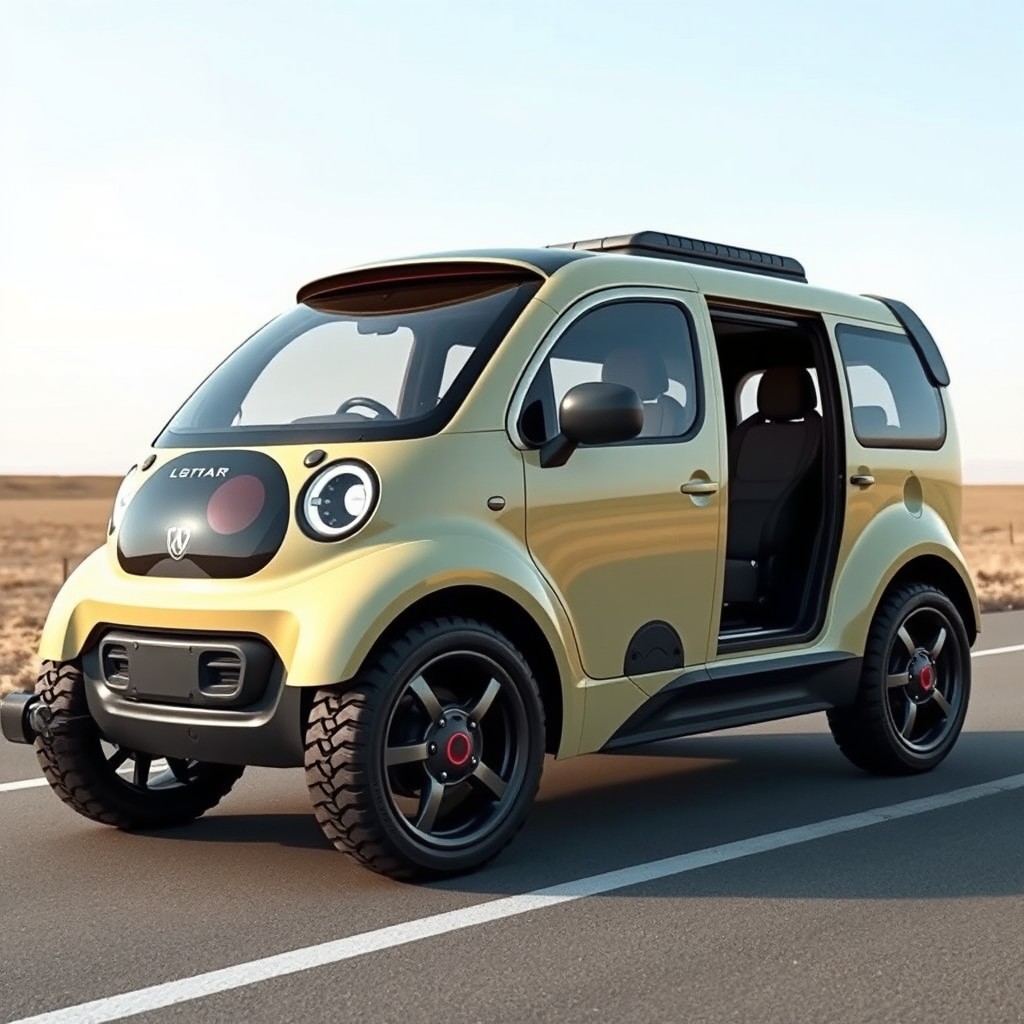 A unique and imaginative vehicle design featuring a car with a pug-like paint scheme