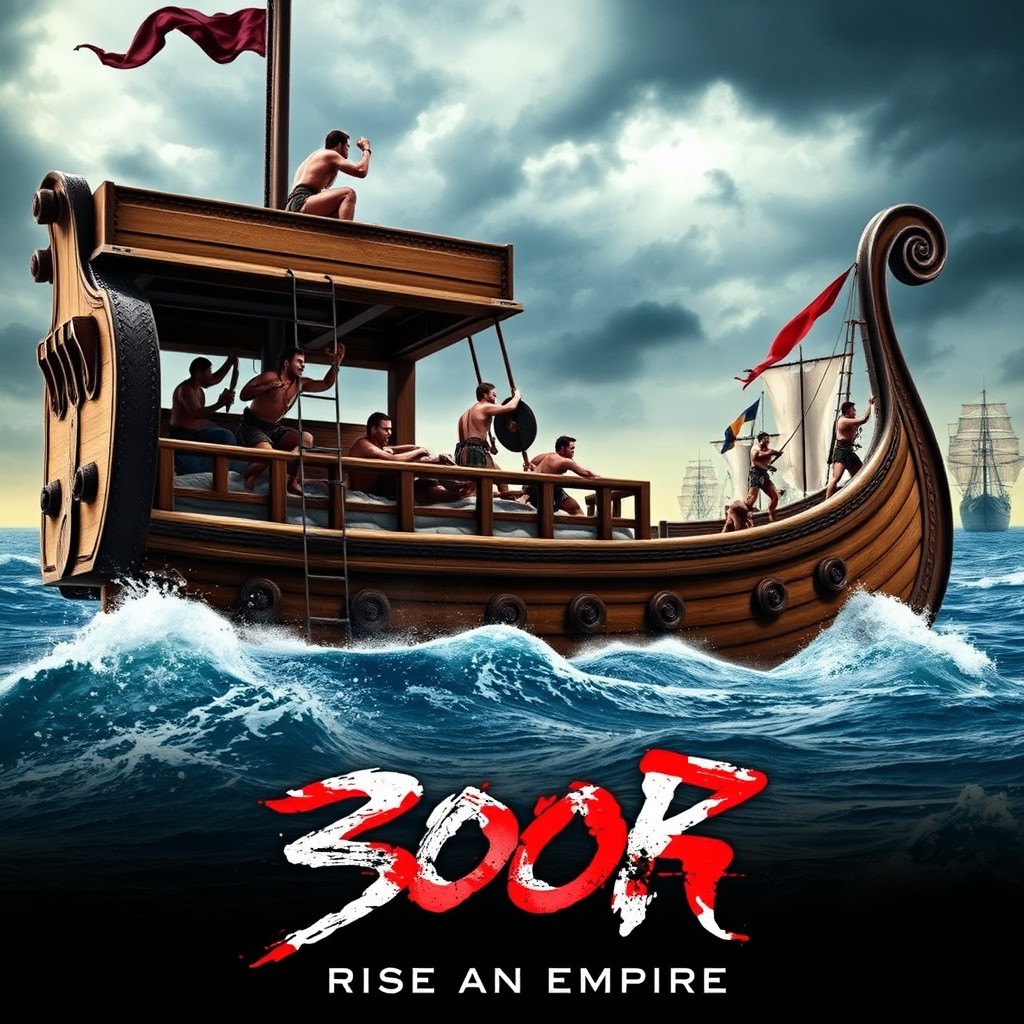 A vibrant and dynamic scene inspired by the movie '300: Rise of an Empire', featuring a fierce battle on the water with ancient Greek warriors in dramatic poses