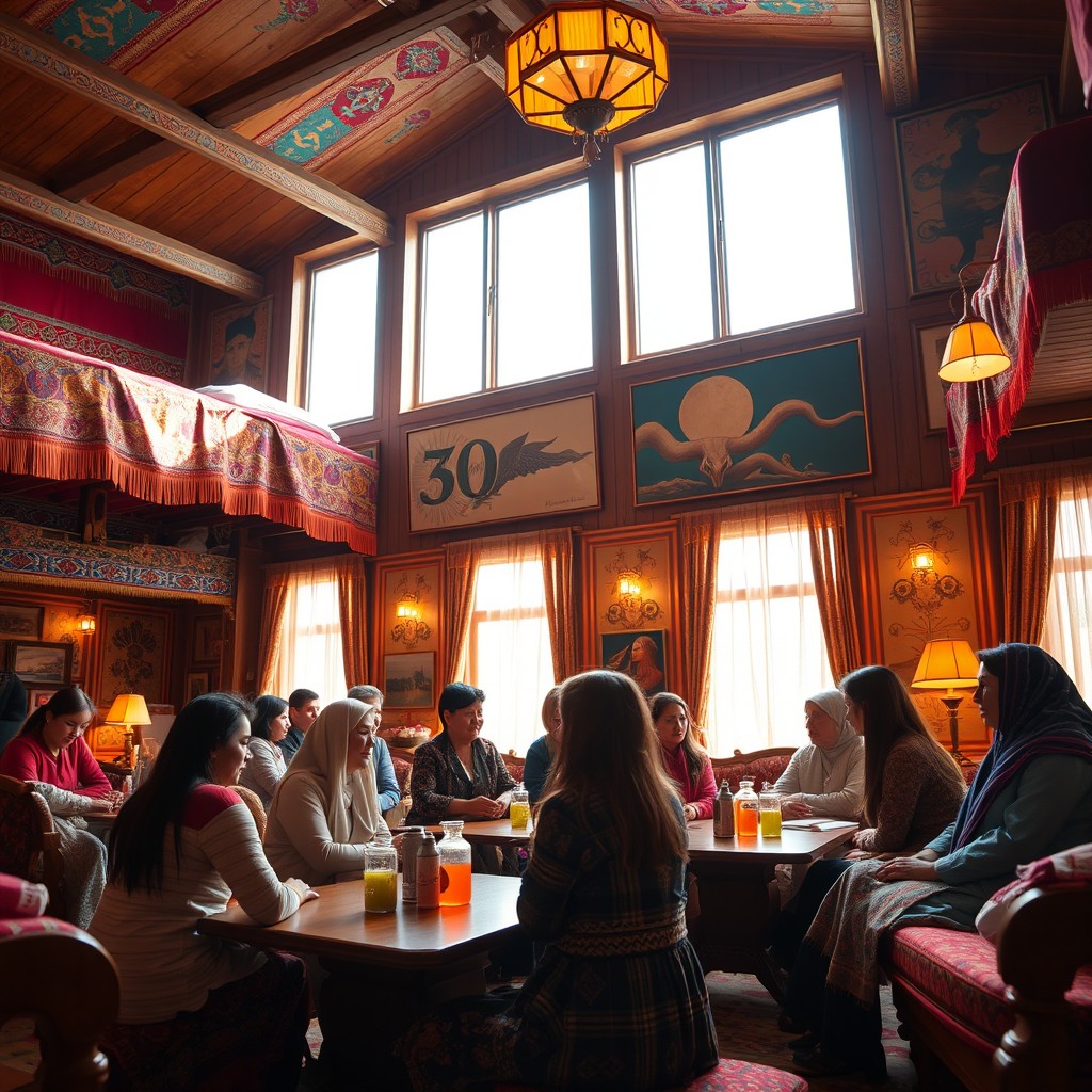 A vibrant scene from a Mongolian women's hostel network featuring 300 beds in a large, beautifully decorated space