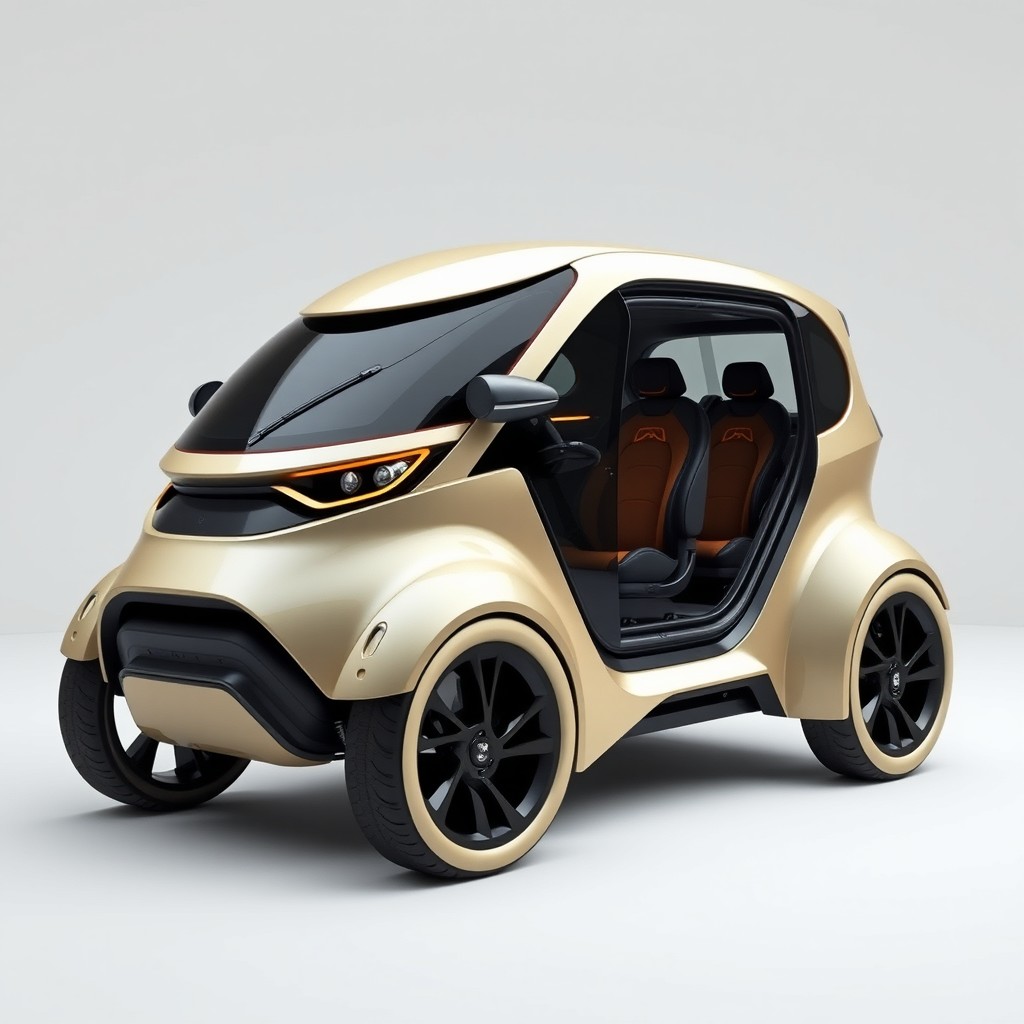 A futuristic car designed with a pug's color pattern, featuring a flat windshield with an aggressive downward slope reminiscent of a train’s design