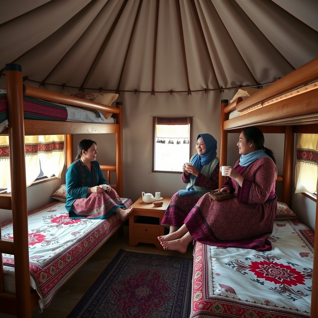 A cozy interior scene showcasing Mongolian women in traditional clothing, sitting and relaxing on wooden bunk beds in a yurt