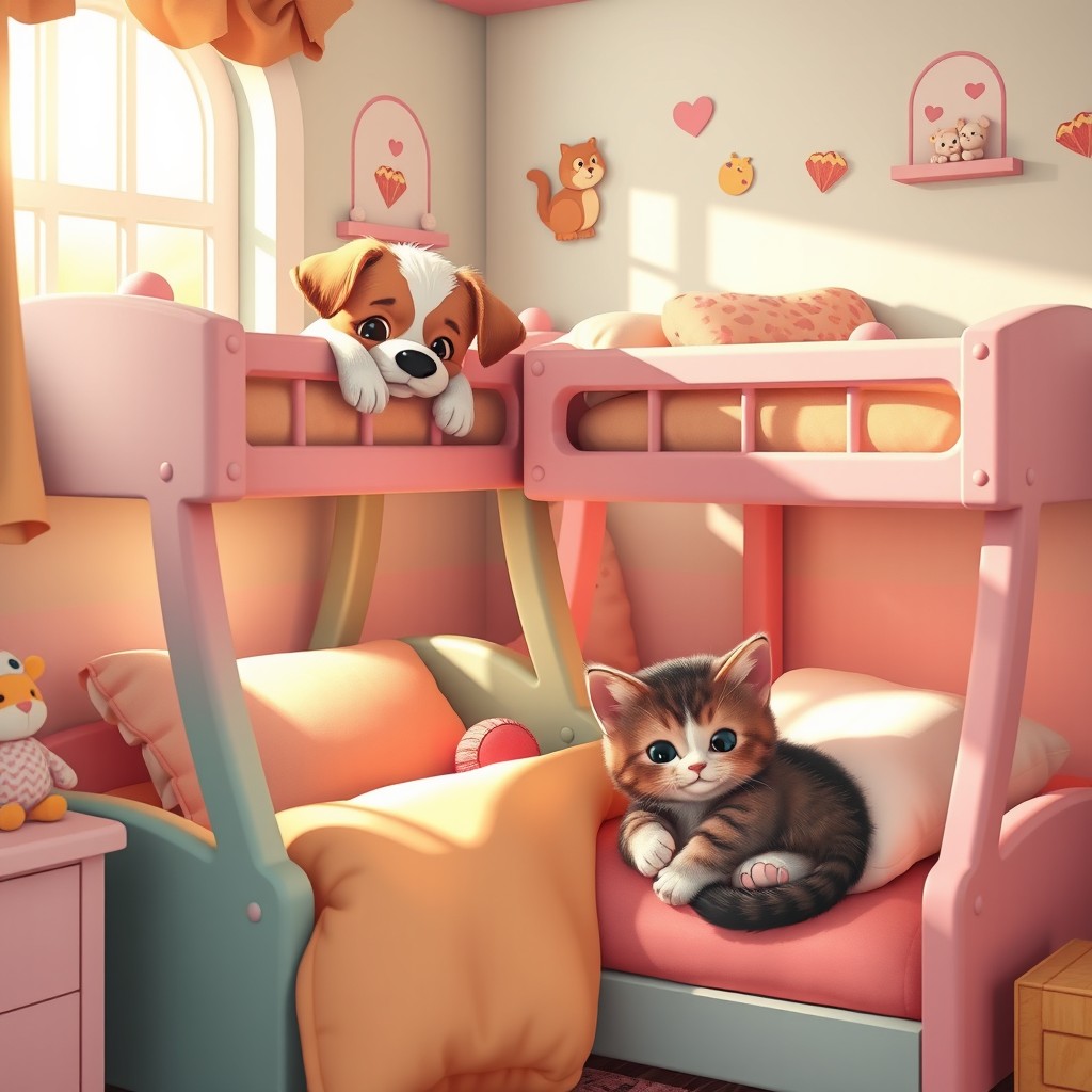A charming scene of cute animals, including a playful puppy and a fluffy kitten, snuggled up in colorful bunk beds