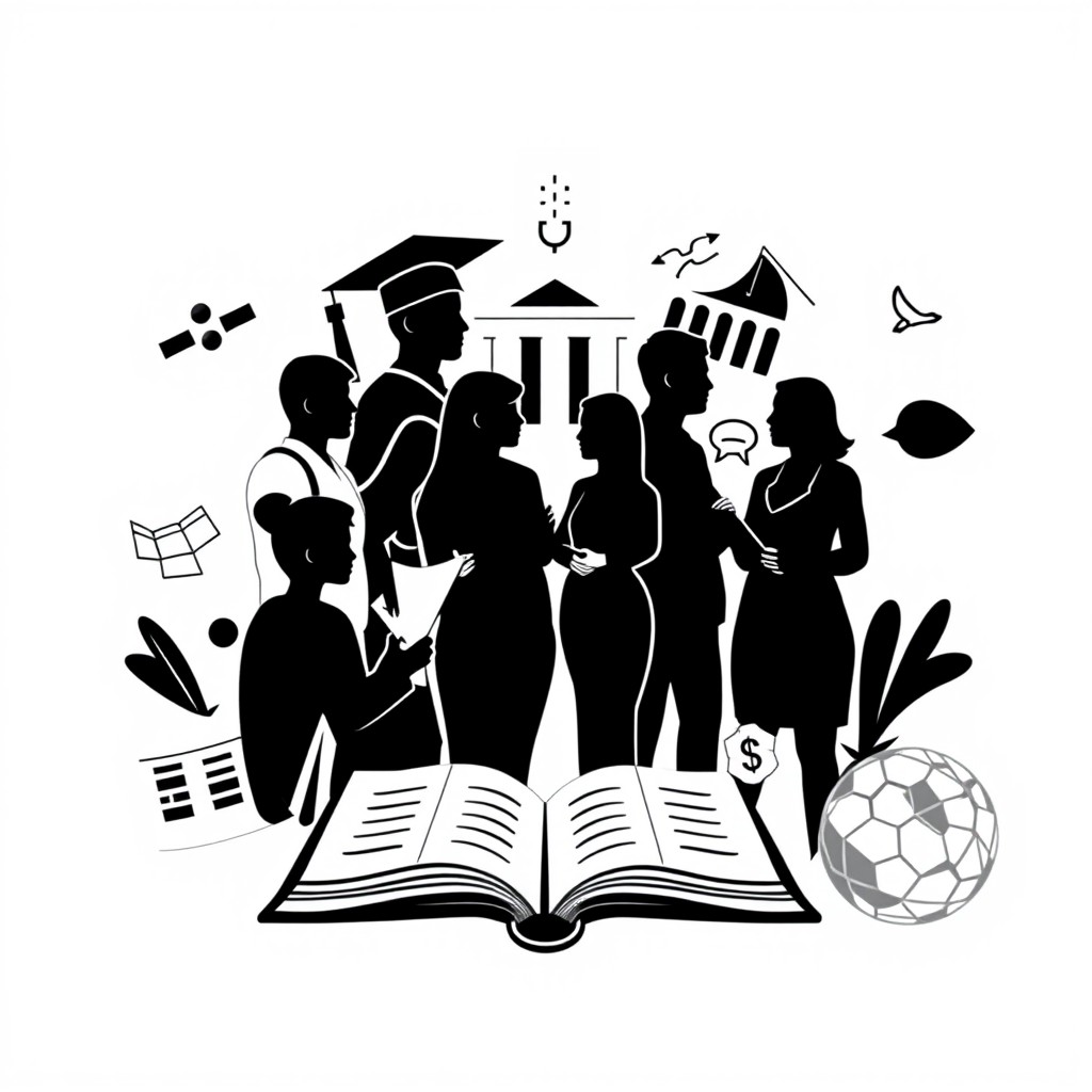 A small black and white logo that visually represents the practical training processes of university students from various fields: initial education, banking, finance, history, and foreign languages