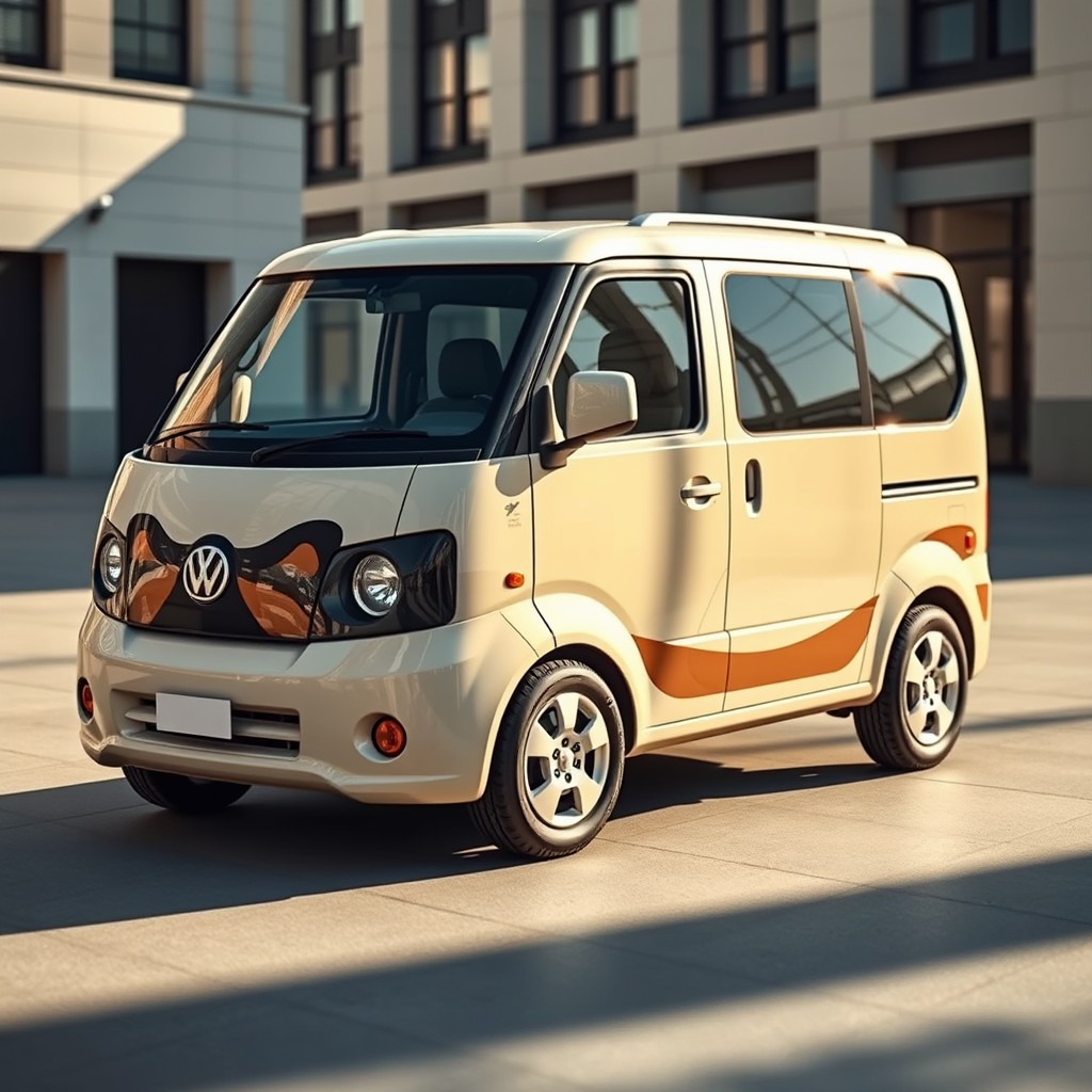A sleek minivan with a distinctive pug dog color scheme, featuring a straight windshield and a sliding door