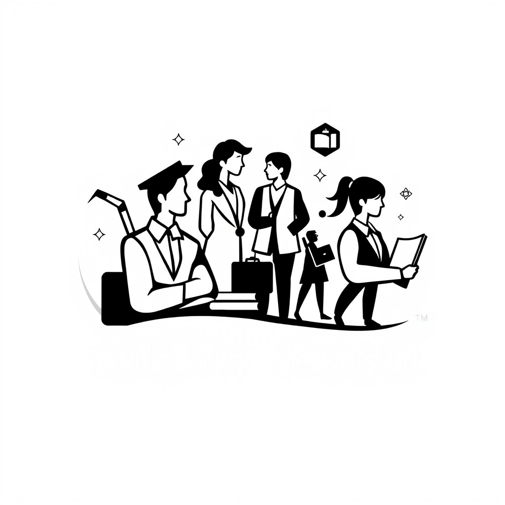 A logo design focused on 'malakaviy amaliyot' (professional training), featuring abstract representations of students and mentors collaborating in a professional environment