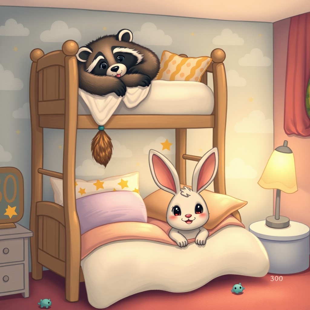 A whimsical scene depicting cute animals in bunk beds, with a special focus on bed number 300