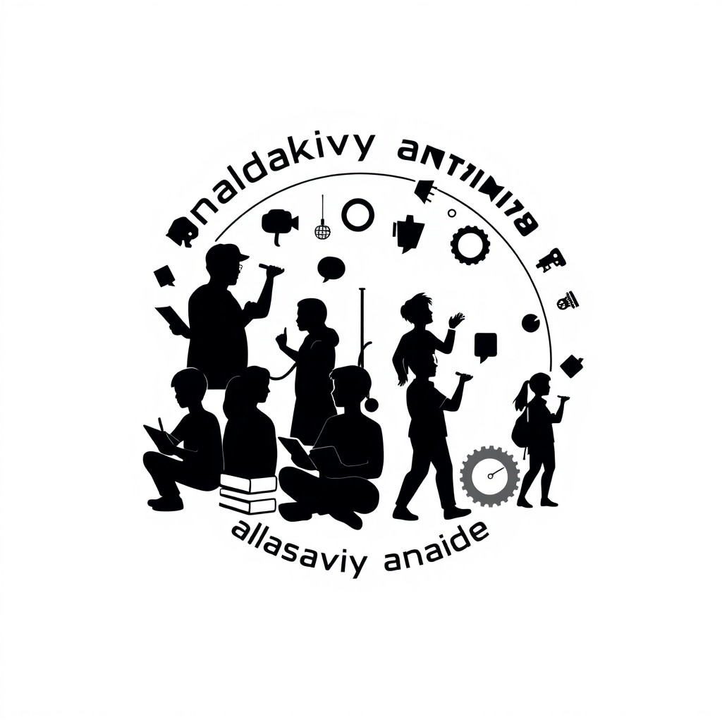 A logo design representing student vocational training ('malakaviy amaliyot'), featuring dynamic silhouettes of students in various learning activities such as studying, collaborating, and presenting