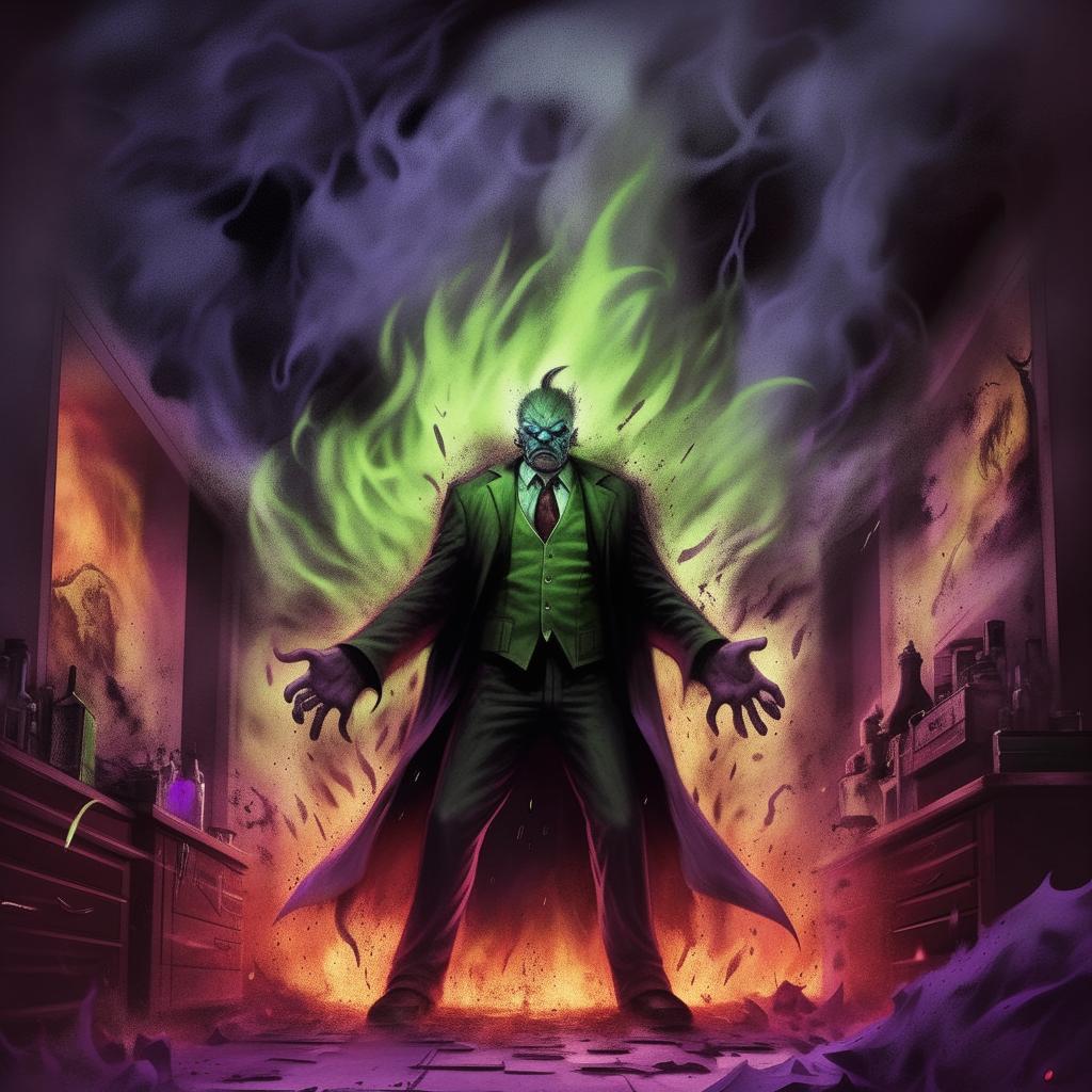 The evil genius, overwhelmed with an uncontainable, insatiable fury that blazes around him like a wild inferno. The ambiance of his lair, tinged with ghostly greens, chilling blues, and oppressive purples, cranks up in intensity, echoing his extreme rage and matchless evil.