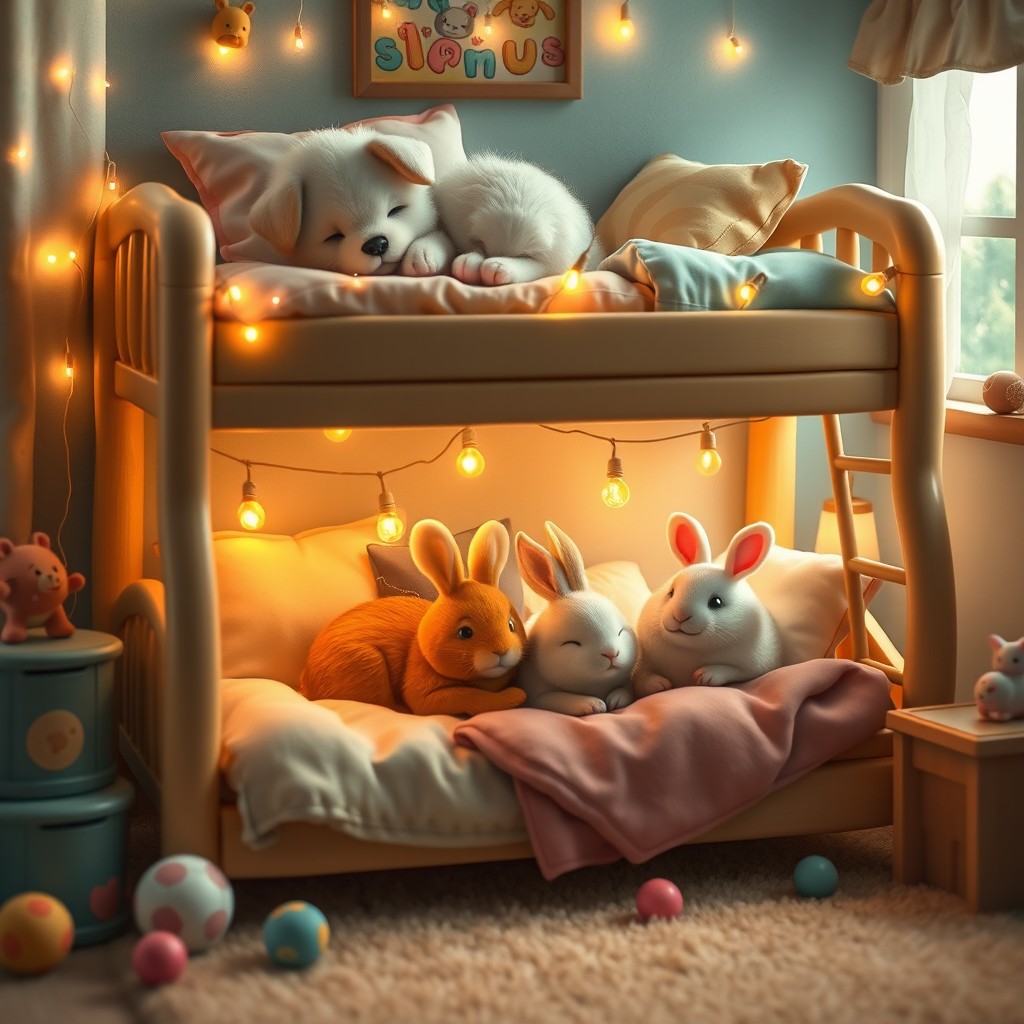 A whimsical scene featuring a variety of cute animals cuddling together in a cozy 300th bunk bed
