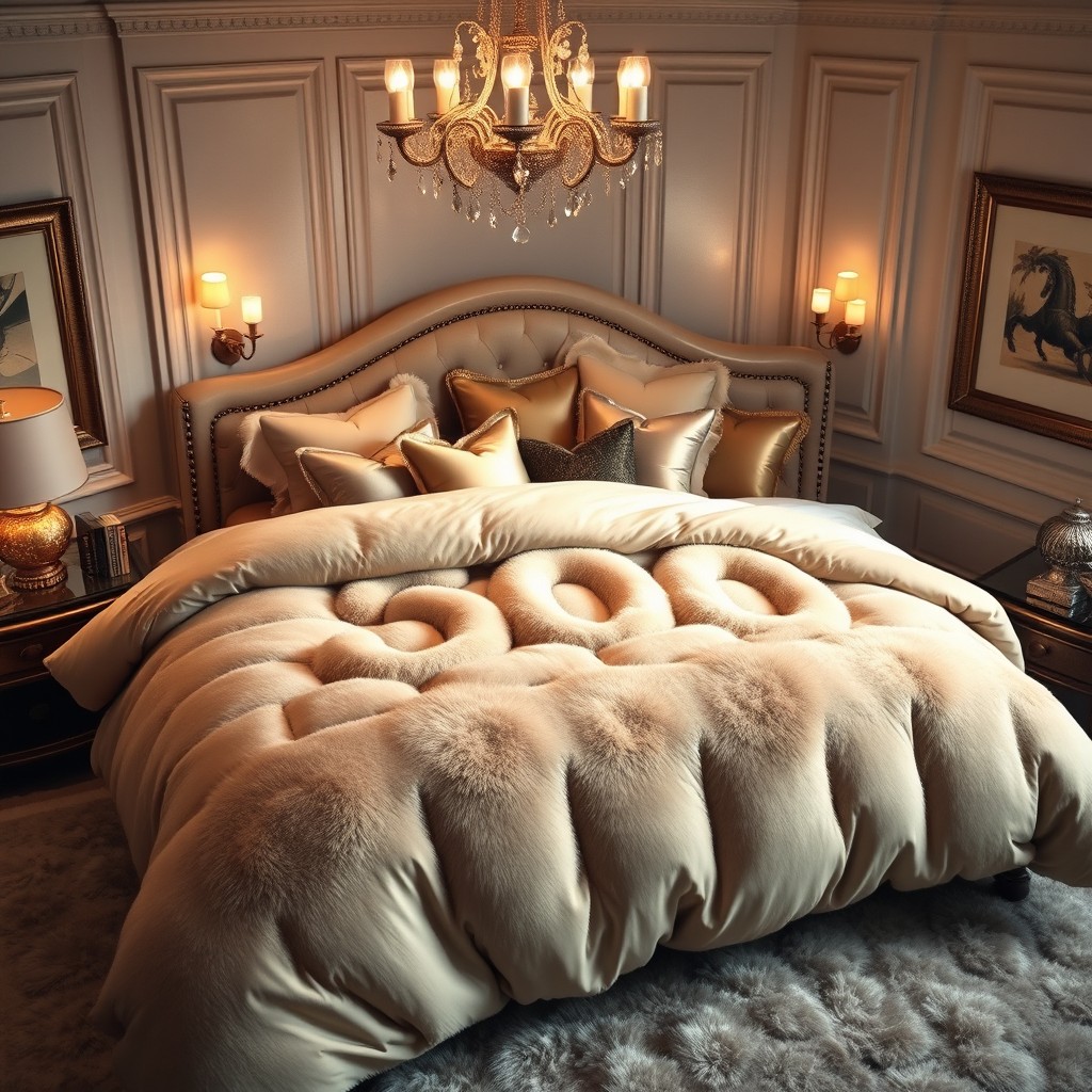 A luxurious, oversized bed with a plush comforter featuring the number '300' artistically integrated into the design