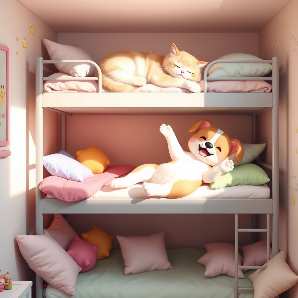 A charming scene featuring cute animals lounging on a bunk bed
