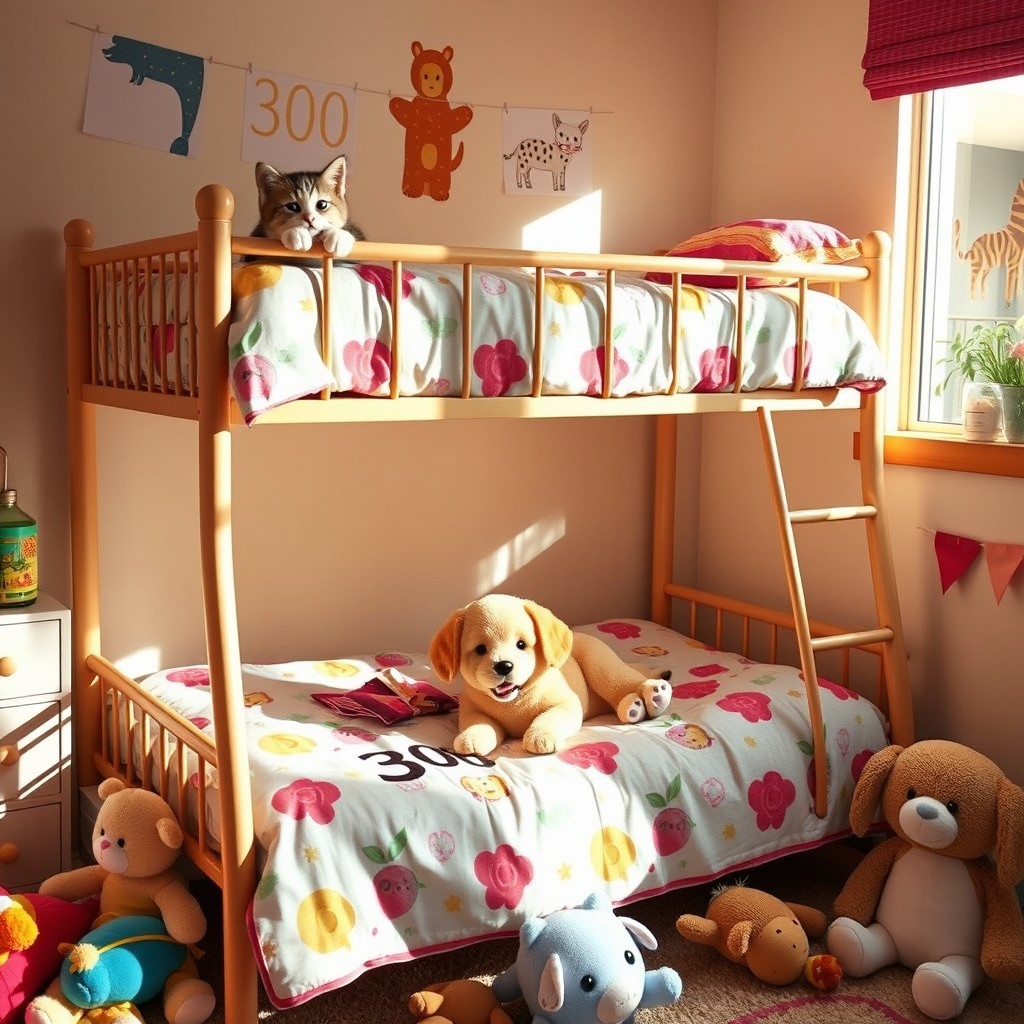 A cozy scene featuring cute animals on a bunk bed