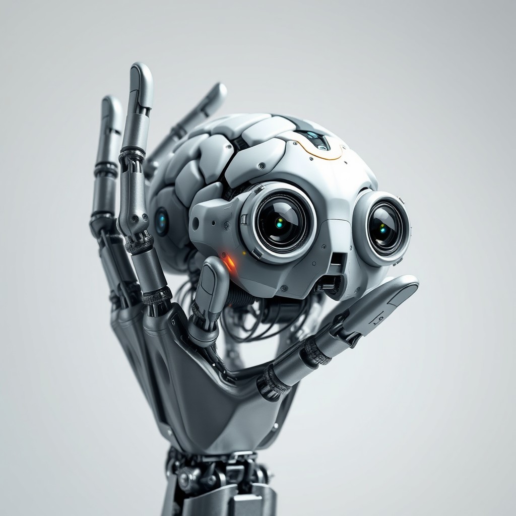A futuristic robotic hand gracefully holding a highly detailed robotic brain, which features large, expressive eyes designed as cameras