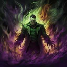 The evil genius, overwhelmed with an uncontainable, insatiable fury that blazes around him like a wild inferno. The ambiance of his lair, tinged with ghostly greens, chilling blues, and oppressive purples, cranks up in intensity, echoing his extreme rage and matchless evil.