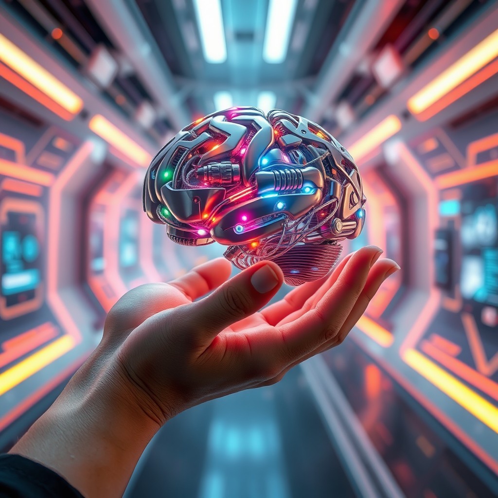 A futuristic scene depicting a human hand gently holding a glowing, intricate robotic brain