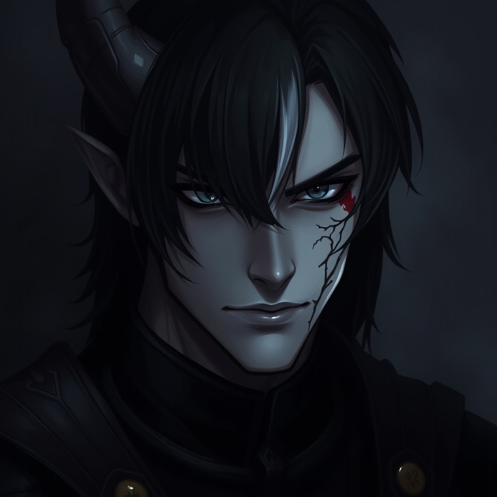 A strikingly handsome demon with shoulder-length black hair featuring a single white streak by his ear