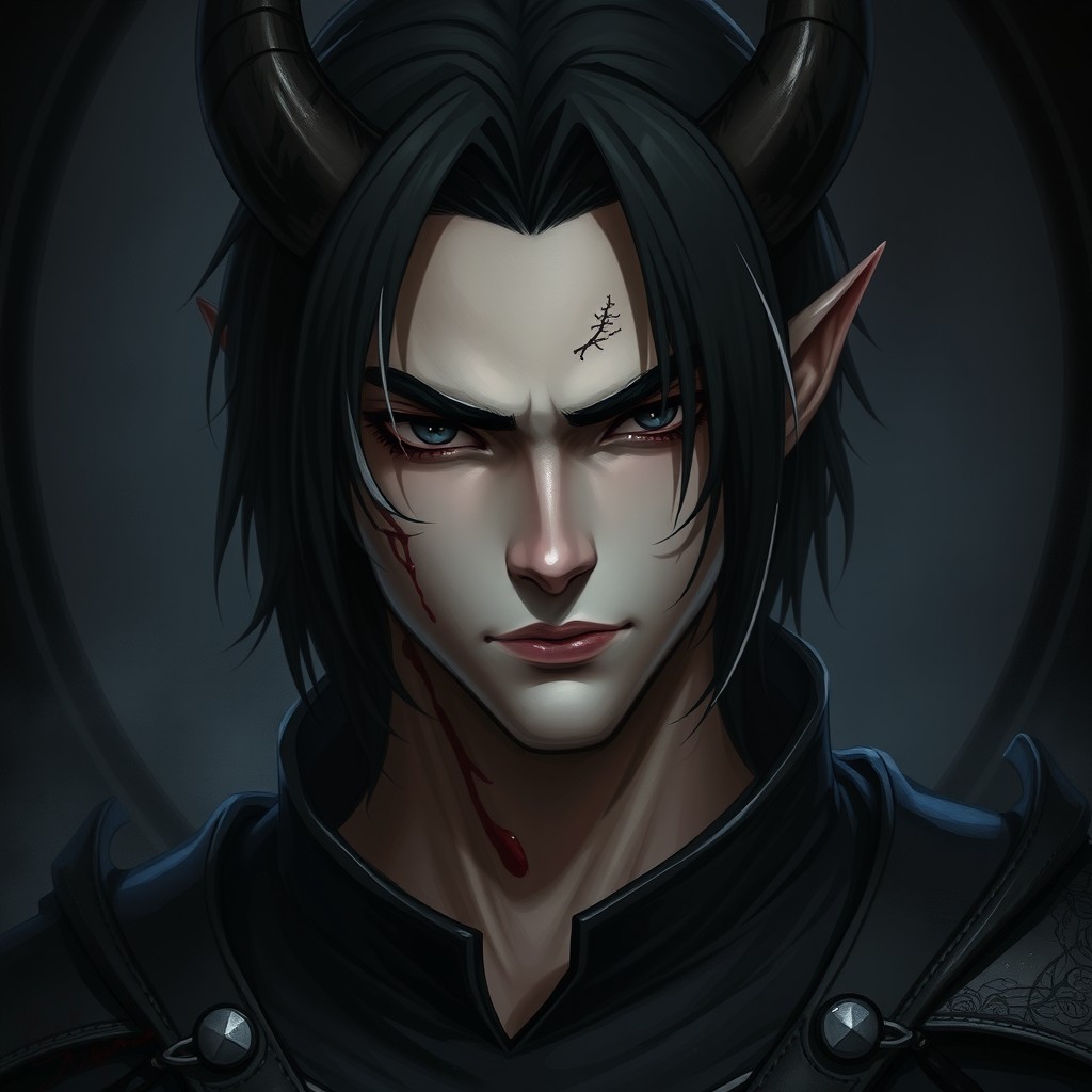A handsome demon with shoulder-length black hair featuring a single white streak by his ear