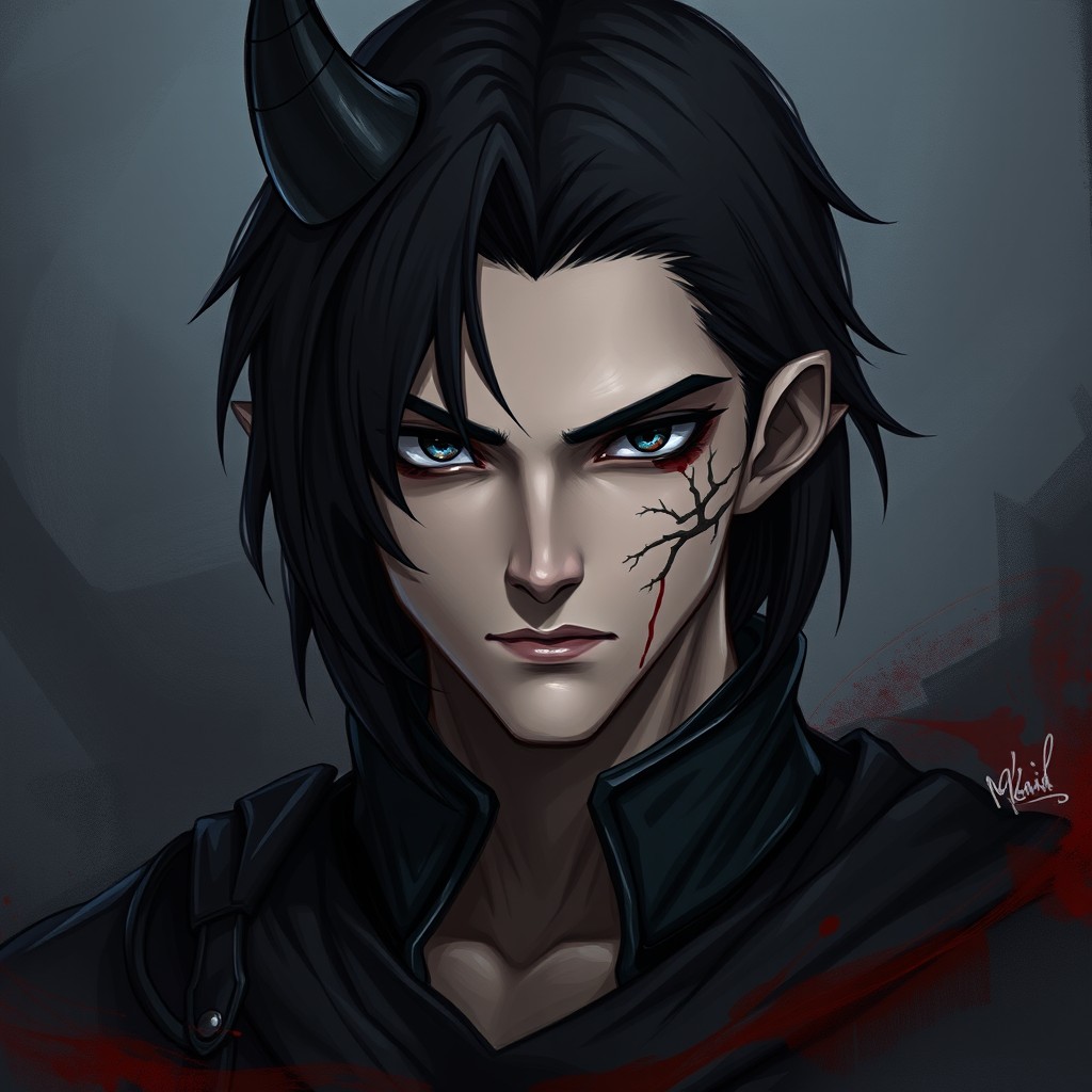 A handsome demon with shoulder-length black hair featuring a single striking white streak by his ear, onyx-colored eyes that glisten with intensity