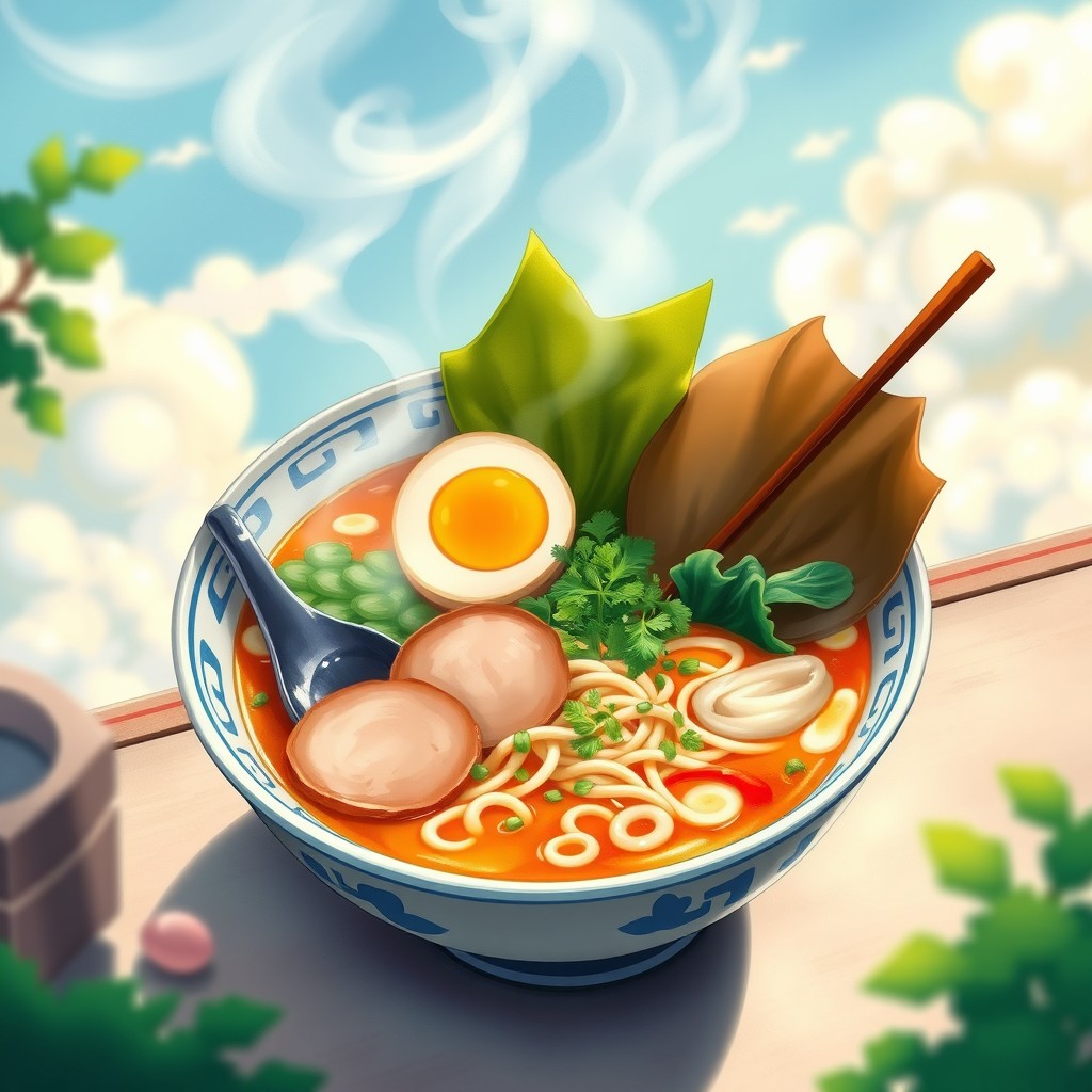 A beautifully illustrated ramen bowl in the enchanting style of Studio Ghibli, featuring a steaming bowl of ramen with vibrant colors