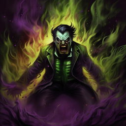 The evil genius, overwhelmed with an uncontainable, insatiable fury that blazes around him like a wild inferno. The ambiance of his lair, tinged with ghostly greens, chilling blues, and oppressive purples, cranks up in intensity, echoing his extreme rage and matchless evil.