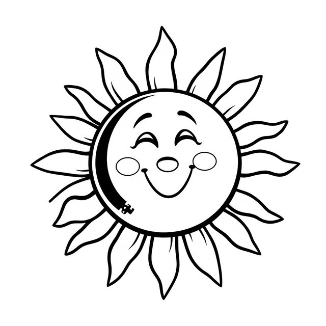 A black and white cartoon icon of a sun designed for a children's coloring book