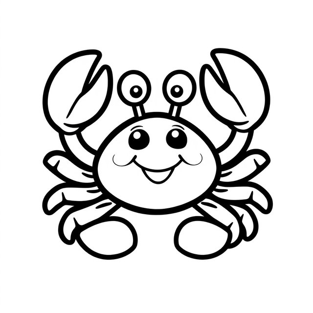 A fun and simple black and white cartoon icon of a crab, designed for a children's coloring book