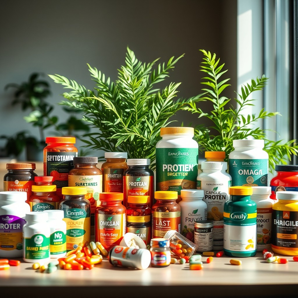 A visually rich scene showcasing a table filled with various dietary supplements